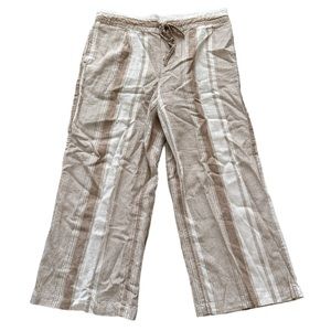 Per Se Tan & White Striped Linen Wide Legged Cropped Ankle Pants